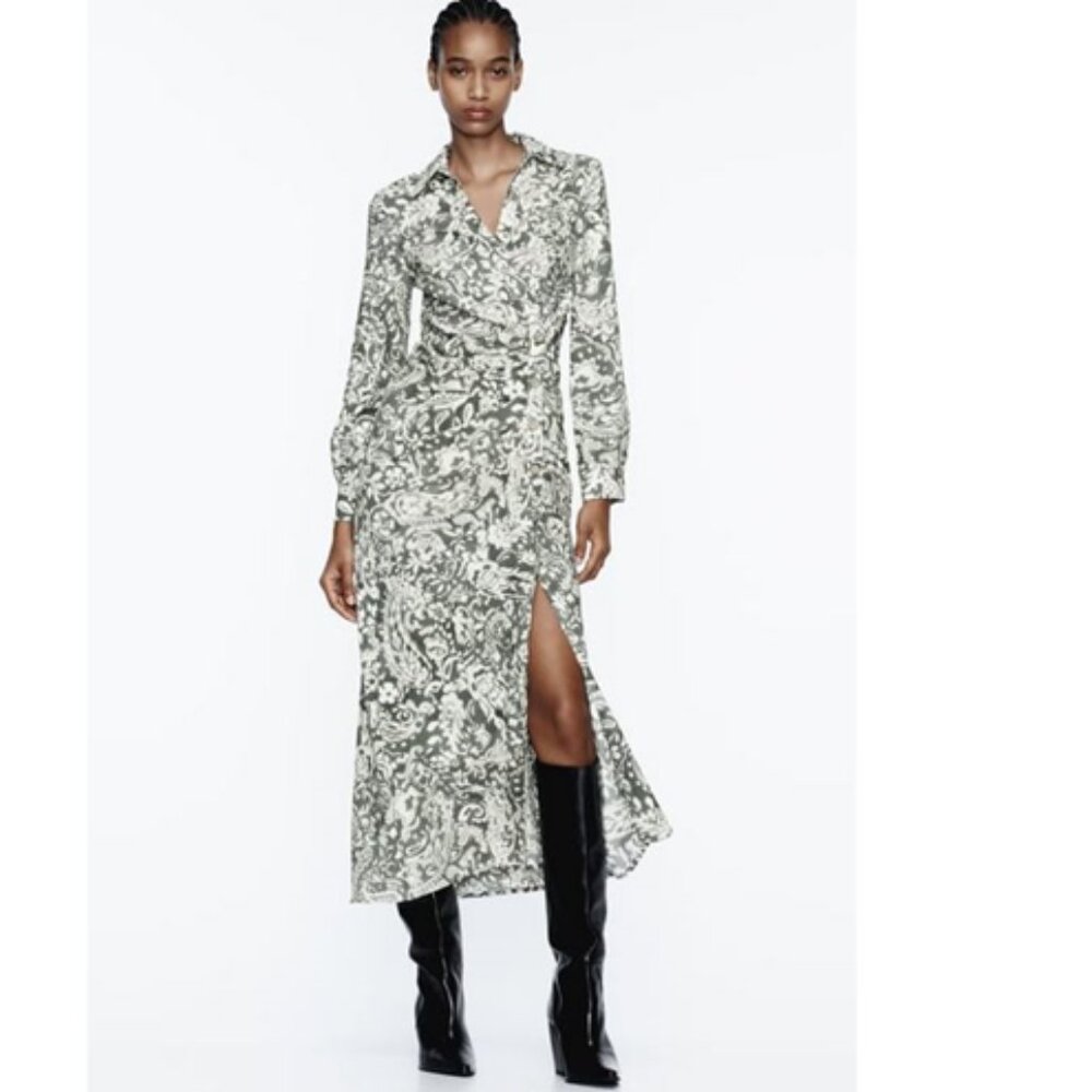 Zara Ruched Printed Midi Dress, NWOT, L